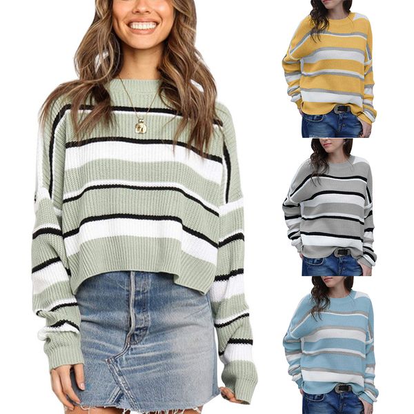

women's round neck contrast color striped sweater loose sweater pullover jumper knitted women's knit pullover loose top, White;black