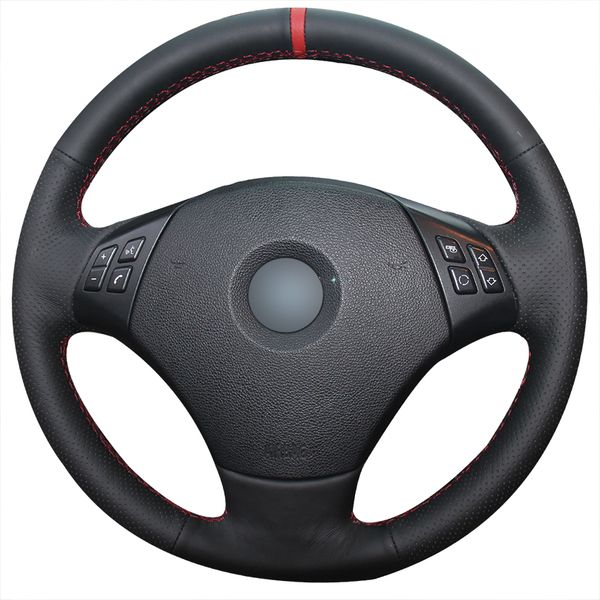 

hand-stitched black genuine leather red marker comfortable car steering wheel cover for e90 320 318i 320i 325i 330i