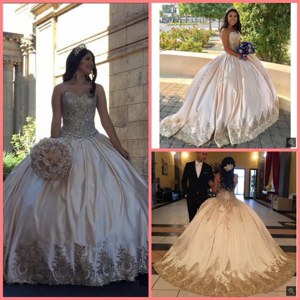 

2020 new arrival champagne satin ball gown prom dress gold lace appliques beaded crystals princess quinceanera dress prom gowns, Black