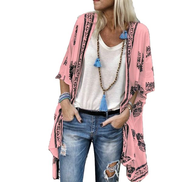 

women summer kimono cardigan floral printed half sleeve long blouses boho beach cover up casual loose ladies shirts blusas, White