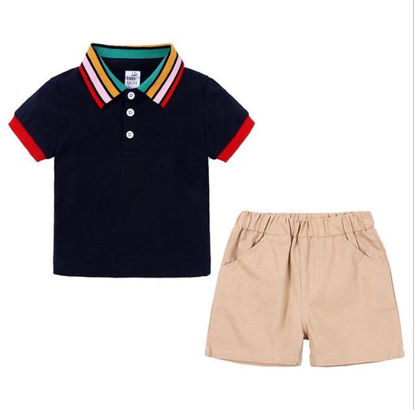 

new selling children's clothes rainbow collar polo shirt boys' short sleeve two pieces set of popular one for hair, White