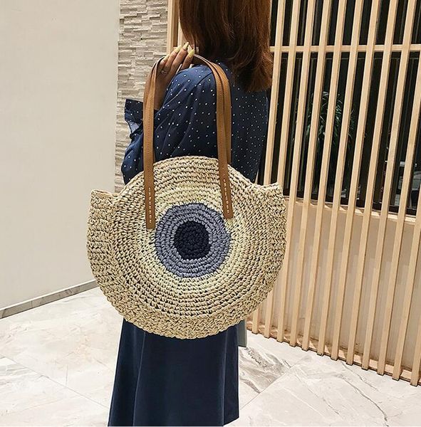 

factory wholesale women handbag hand-woven summer beach bag large capacity simple circular fashion shoulder bag summer straw beach bag, Black;red