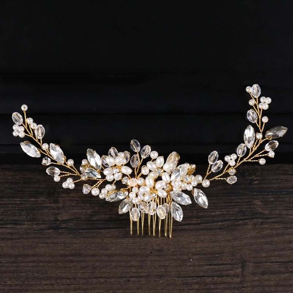 

golden metal crystal pearl hair combs jewellery tiaras de noiva headpiece bridal hair jewelry women wedding accessories vl, Golden;white