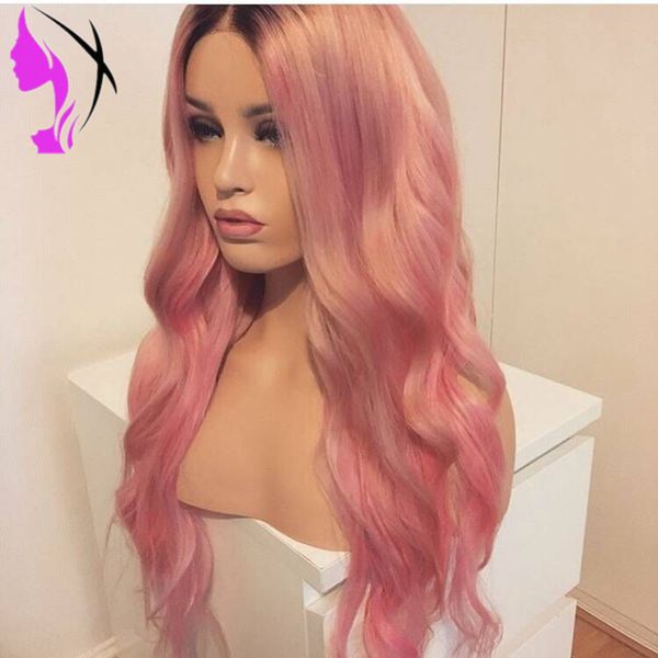 

body wave long women hair ombre color high temperature fiber wigs pink synthetic lace front cosplay wig, Black