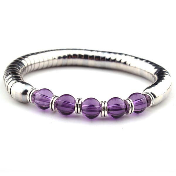 

fyjs unique jewelry stainless steel with natural purple amethysts stone round beads bracelet, Golden;silver