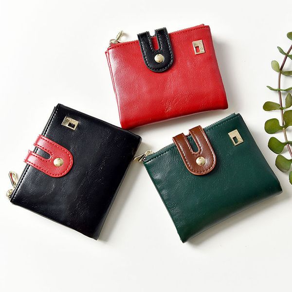 

jiulin 2019 new retro waxed leather 30% short ladies wallet double zipper change purse, Red;black