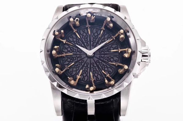 

version 45mm excalibur 45 rddbex0495 18k white gold knights of the round table miyota automatic mens watch black leather strap, Slivery;brown