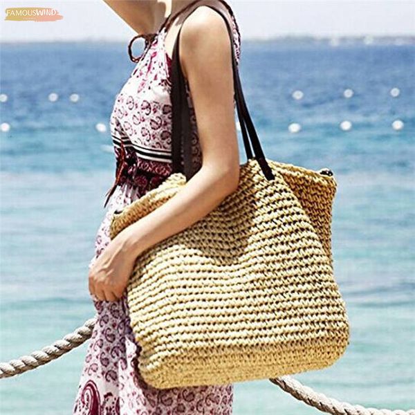 

women summer beach vintage handmade plain knitted straw bag large shoulder bags