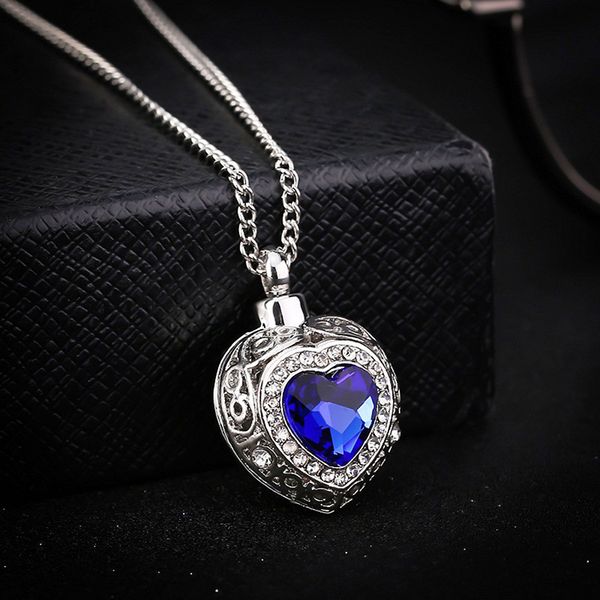 

1pcs beautiful urn cremation heart blue crystal pendant ash holder memorial necklace jewelry, Silver