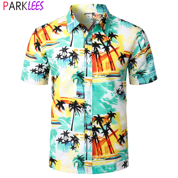

men's casual shirts fashion hawaii shirt men summer short sleeve cotton/polyester palm tree printed beach wear holiday aloha camisa hom, White;black