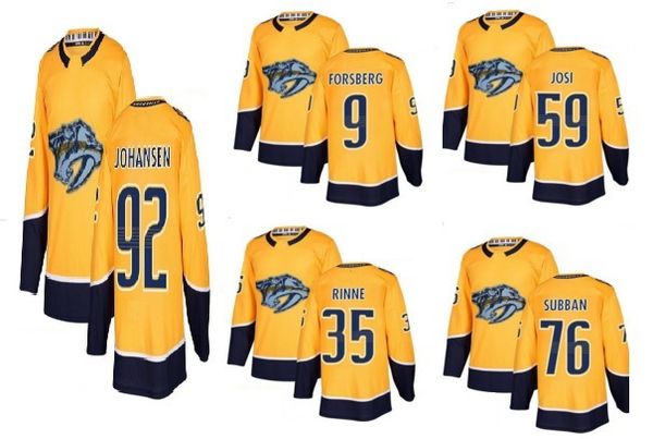 

Men's Nashville Predators Yellow Home Gold Stitched Jersey,2019 new mens 9 Forsberg 59 JosI 76 SUBBAN 92 JOHANSEN Hockey Jerseys wear tops