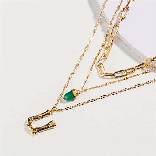 

natural green stone pendant lady 3-multi-layer necklace jewelry for gift gold alloy diy letter pendant long chian necklace, Silver