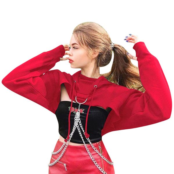 

women gothic punk long sleeve hooded sweatshirt casual blouse pullover crop sweatshirt women, Black
