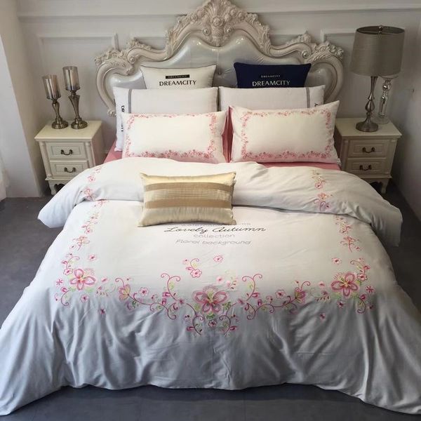 Queen King Size White Pink Bedding Set For Girls Bed Set Egyptian