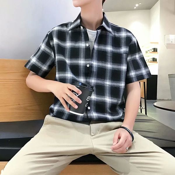 

new fashion plaid shirt men shirts 2020 new summer fashion chemise homme mens checkered shirts short sleeve shirt men blouse, White;black