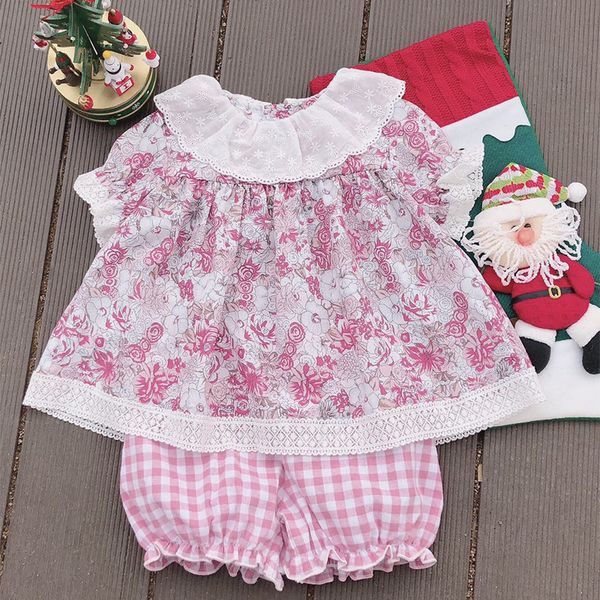 

Girls Clothing Kids Spain Style Short Sleeve little Flower Pet Pan Collar shirt + plaid short summer princess clothing sets