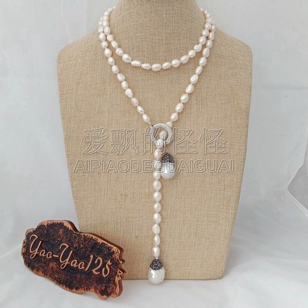 

n051111 40" white baroque loop necklace keshi pearl cz pendant, Silver