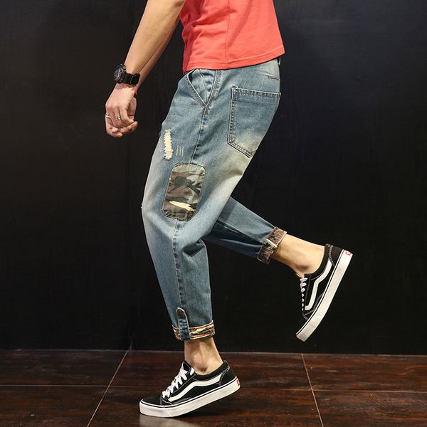 

hole fashion ankle length mens jeans brand casual solid denim pants loose mens clothing big size, Blue