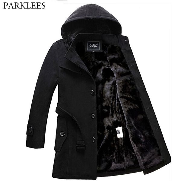 

men's thicken fleece hooded coat 2018 winter new stand collar long wool trench coat men casual pocket hoodie jacket overcoat 4xl, Black