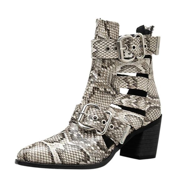 

women snake print winter boots ladiesthick high heels shoes leather ankle boots buckle strap hollow pointed toe short 2019, Black