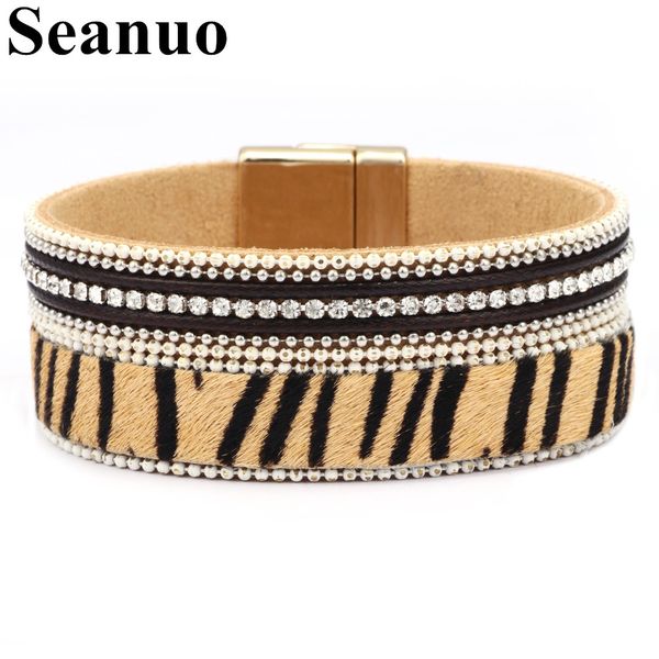 

seanuo fashion horse hair bracelet pu leather female leopard pattern alloy magnet bracelet women charm jewelry accessories, Golden;silver