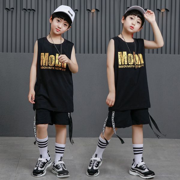 

children hip hop clothing gym tank tees long vest casual shorts for girls boys jazz dance costumes ballroom dancing clothes, Black;red
