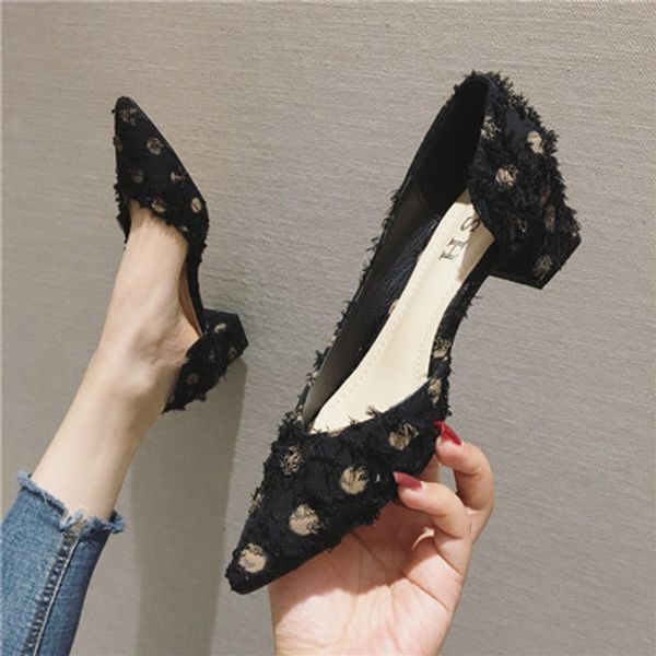 

new 2019 spring and summer wild thick with single shoes female pointed shoes, Black