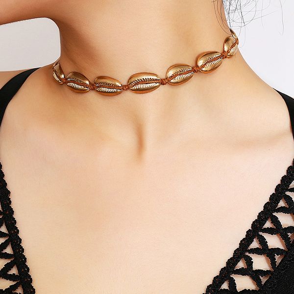 

new fashion vintage handmade metal shell choker necklace for women boho style clavicle necklace jewelry kolye bijoux xr1705, Golden;silver