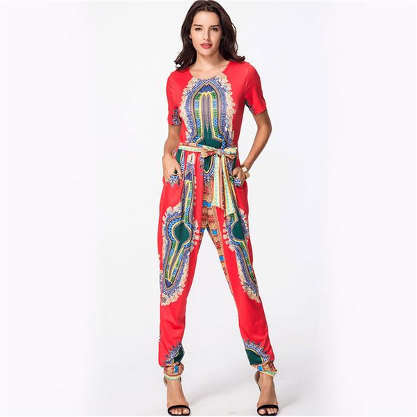 

baibazin africa dashiki europe and the united states women's digital printing jumpsuit corset straps long pants, Red