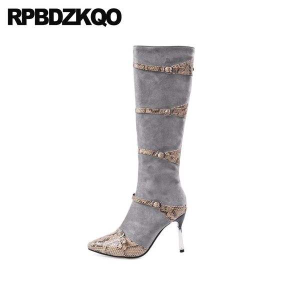 

high heel women long grey shoes 13 45 thin knee 12 44 tall big size square toe side zip boots stiletto suede plus, Black