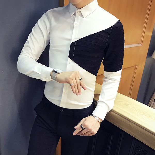 

shirts men patchwork leisureslim fit oversize simple korean style all-match retro harajuku shirt mens long sleeve, White;black
