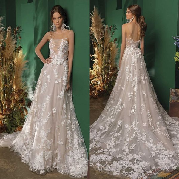 

stylish appliqued backless wedding dresses sheer bateau neck bridal gowns a line sweep train tulle robe de mariÃ©e, White