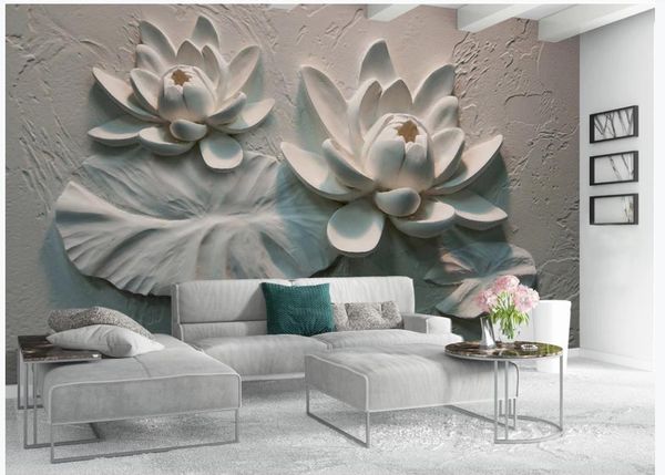 

p wall murals wallpaper 3d stereo relief lotus wallpapers background wall decoration painting