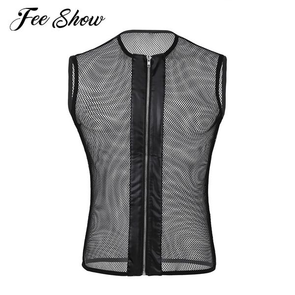 

feeshow mens sleeveless see-through mesh fishnet zipper t-shirt exotic tanks slim fit stretchy comfortable t-shirt, Red;black
