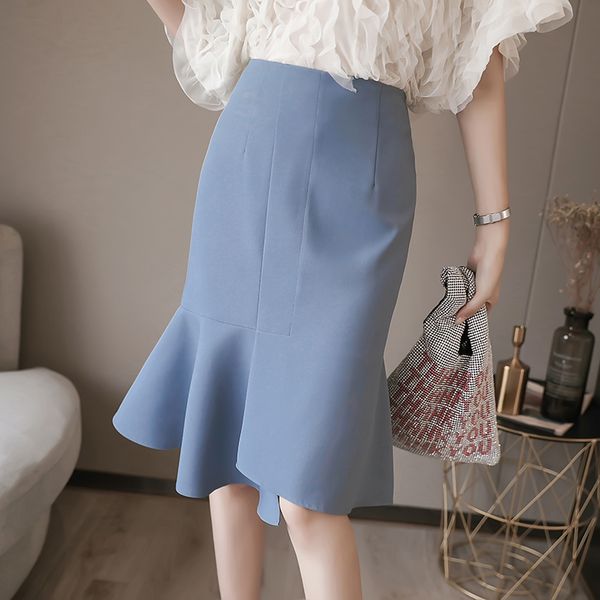 

2020 высокая талия молния сплит сплошной цвет 2020 лето новый нерегулярный сплит гофрированная юбка шифон рыбий хвост сумка хип юбка женский, Black