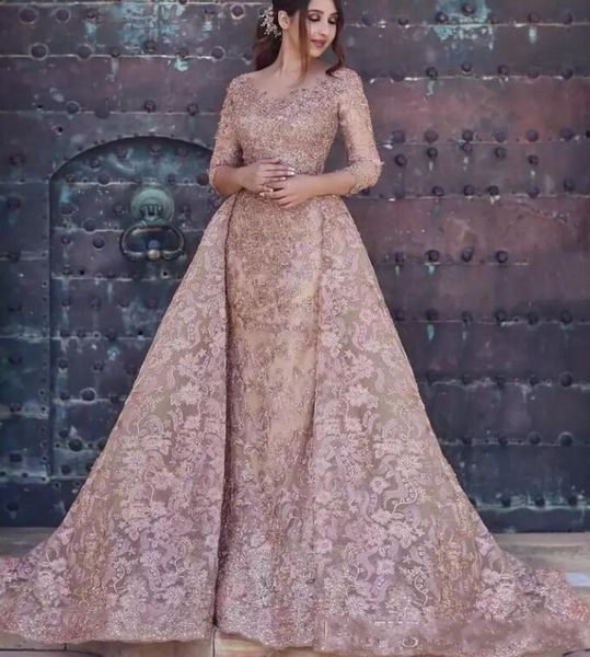 

2020 dubai arabic modest mermaid evening dresses wear long sleeves full lace appliques crystal formal party gowns prom dress with overskirt, Black;red