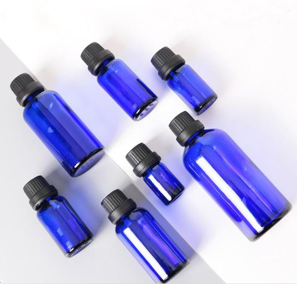 Leere blaue Glastropfflaschen 5 ml-100 ml mit großer Kopfkappe für ätherisches Öl, grundlegendes Massageöl, Aromatherapie-Flüssigkeit