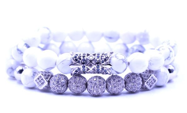 

8mm 2pcs/set silver rg3 elastic adjusted nature white howlite bead micro pave cz zircon cubic zirconia tube bracelet, Black