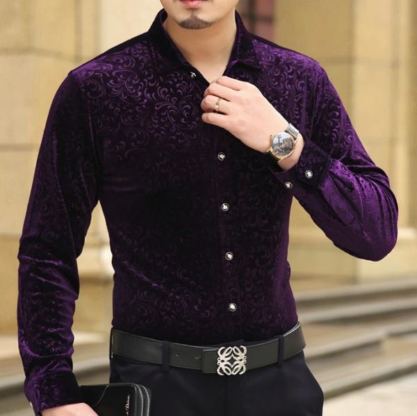 

autumn spring luxury mens velours silk shirts formal dress shirt slim fit print fashion -3xl drop shipping, White;black