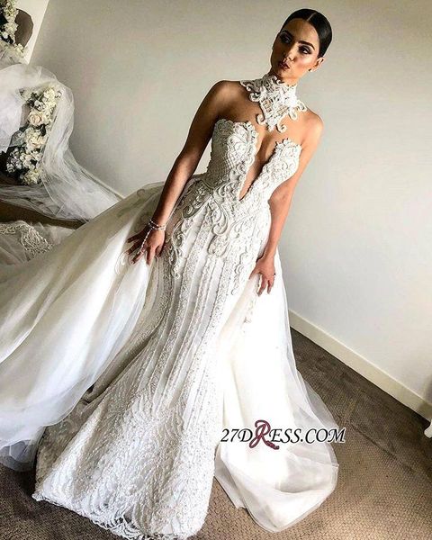 

white wedding dresses 2019 mermaid lace appliques high neck bridal gowns beach gothic trumpet attached train dress for brides
