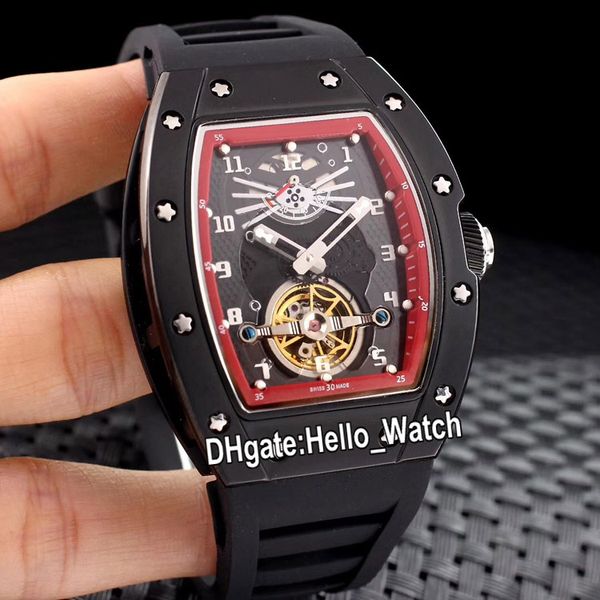 

luxury new rm002 pvd black steel case skeleton dial red inner tourbillon automatic mens watch 002 rubber strap sport watches hello_watch, Slivery;brown
