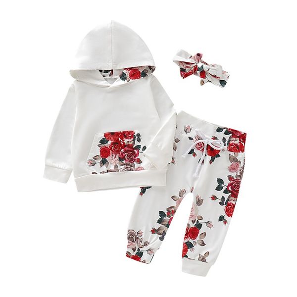 

autumn baby girls clothes 3pcs baby clothes floral hooded sweatshirts+pants+headband sports outfits sets spring, White