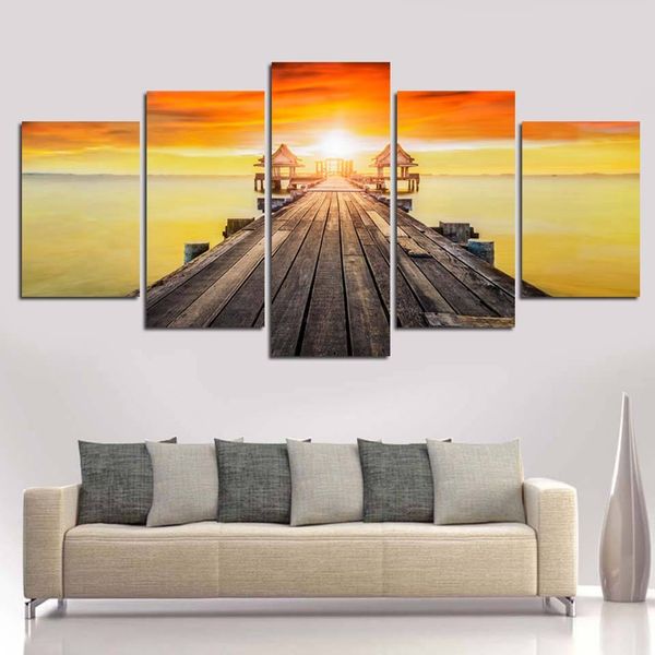 

hd printed posters modern painting 5 piece/pcs sea wood bridge sunset scenery home decor wall art pictures (no frame