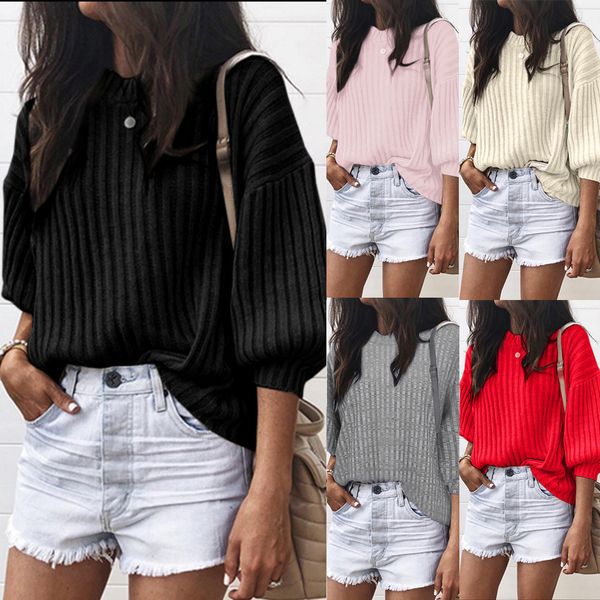 

plus size women's sweater fashion casual solid o-neck loose knitted 3/4 latern sleeve pollover autumn winter sweater blouse, White;black