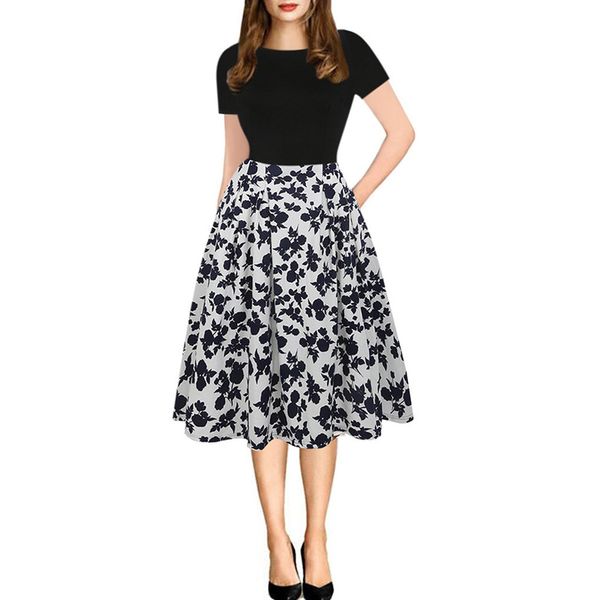 

summer dress 2019 women's dress vintage printed flower splicing slim casual beach princess five-point sleeve round neck, Black;gray