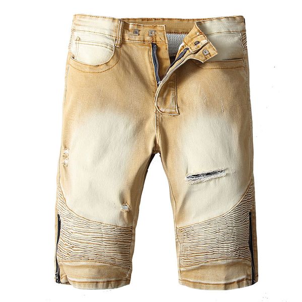 

2019 summer men jeans shorts,yellow color fashion designer short ripped jeans for men denim shorts knee length, Blue