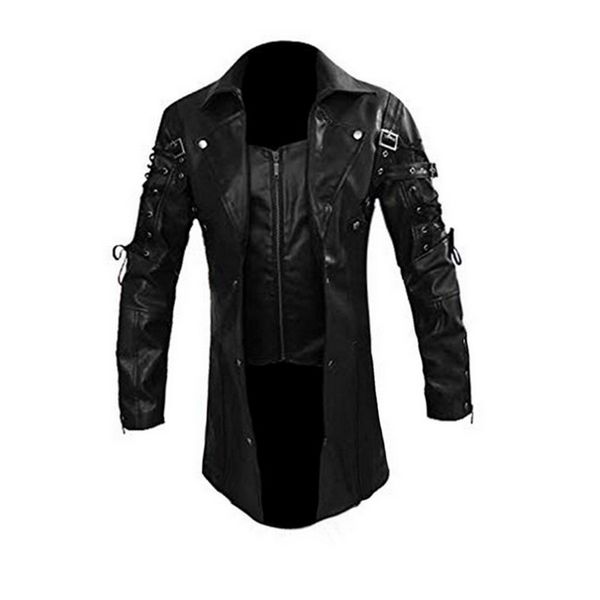 

2019 steampunk gothic men faux leather jacket autumn fashion turn down collar zippers motorcycle jackets male leather coat 5xl, Black