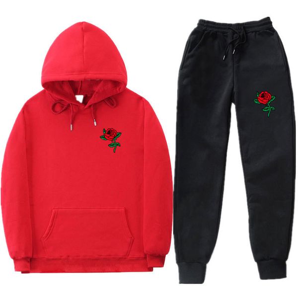 

people are poison rose mens tracksuits spring autumn sports red rose printed hoodies pants 2pcs suits, Gray