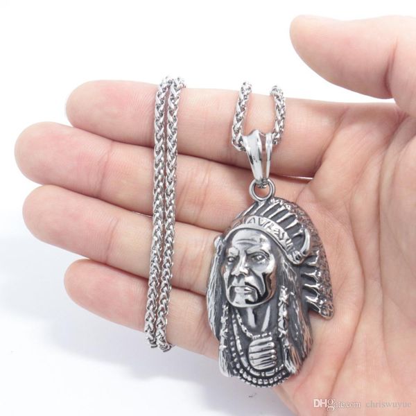 

316 stainless steel indian pendant punk biker men gothic style 316l stainless steel chief head necklace, Silver