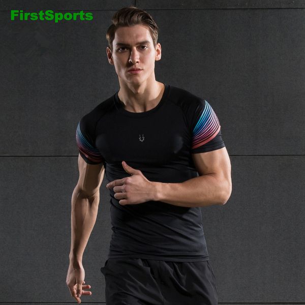 

brand men's printing compression shirts quick dry skinny gym short sleeve running fitness training jogging sportswear, Black;blue